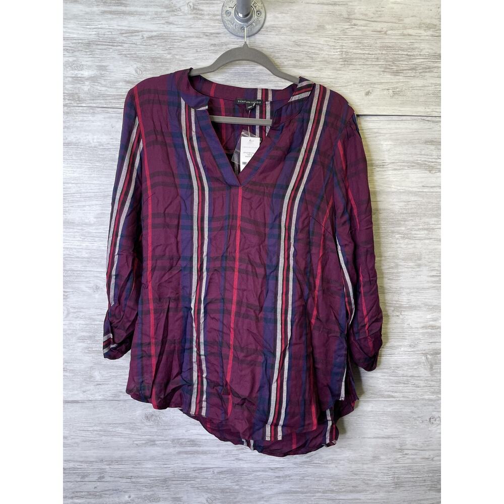Signature Studio Shirt Womens Medium Plum Purple Plaid Roll Tab Sleeve Rayon NWT